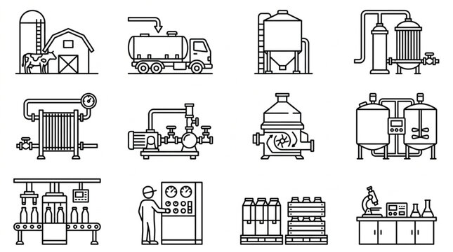 Collection of industrial equipment and machinery icons line art.