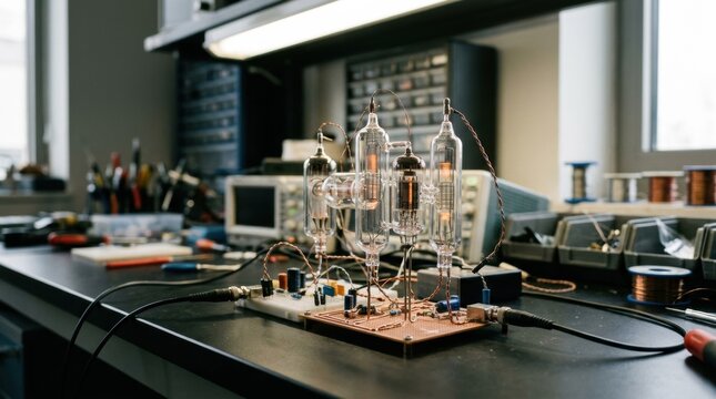 Medium shot showcasing an audio tube prototype setup on a lab bench highlighting delicate glass structures and sound modulation components in development.