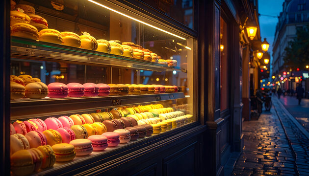 Bakery window in Paris at night with colorful macarons eclairs and tarts reflecting soft yellow light onto dark cobblestone streets generative AI