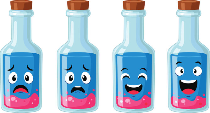 Cute Glass Potion Bottle Cartoon Characters Set with Happy Sad Scared and Excited Facial Expressions for Game Interface Designs
