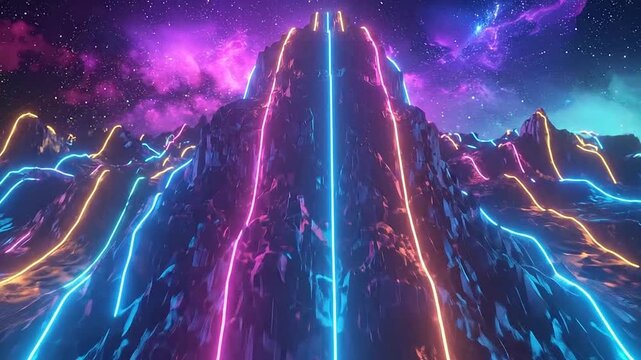 Glowing neon lines traverse a dark mountain range under space sky