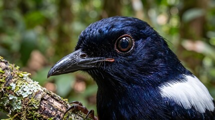 Fototapeta premium Close-up Portrait of a Black and White Bird in a Forest Setting.