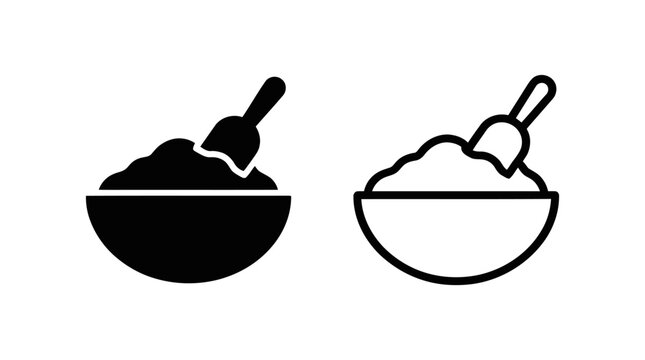 Vector icons of a bowl filled with granular substance and a serving scoop