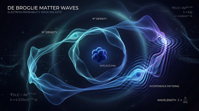 Unveiling the elegant dance of De Broglie matter waves around a Helium nucleus, depicting electron probability packets
