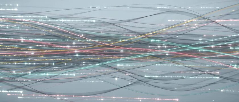 Generative AI, Abstract bright fiber optic cables with glowing colorful particles moving horizontally loop