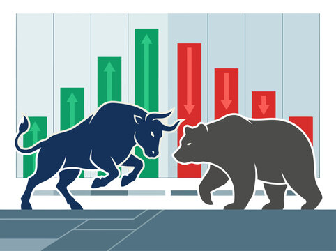 Bull and bear icons illustrate an uptrend and downtrend in financial investment. A dynamic visual representing market fluctuations, suitable for business and finance themes.