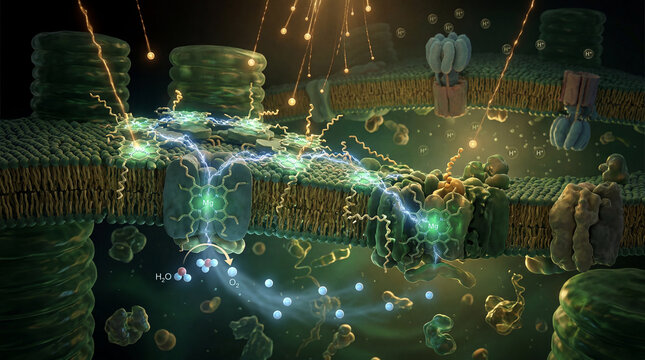 Microscopic dance of light energy transforming water into life sustaining oxygen within a chloroplast thylakoid membrane