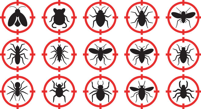 pest control. insects icon set. insect repellent label product. isolated forbidding and warning signs of harmful insects and rodents,