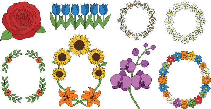 Floral and Wreath Icon Set Featuring Roses, Tulips, Daisies, Sunflowers, Lilies, Orchids, and Decorative Flower Arrangements for Apps, Websites, and Digital Designs