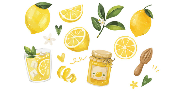 Watercolor Fresh Lemon and Lemonade Clipart Set