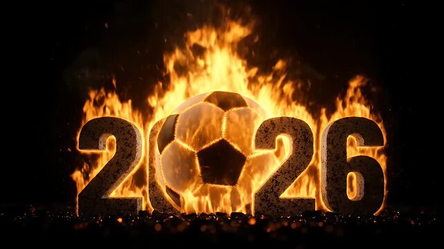 World Cup 2026 soccer ball on fire with burning numbers against the dark background.