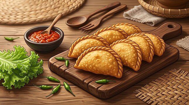 Crispy golden-brown Indonesian pastel pastries on a wooden board served with spicy red sambal and fresh green chilies.
