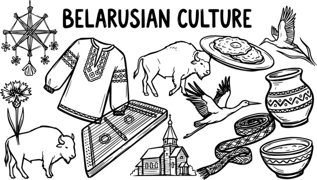 Belarusian Culture Symbols: Bison, Stork, Traditional Clothes, Food, Pottery - Black and White Line Art