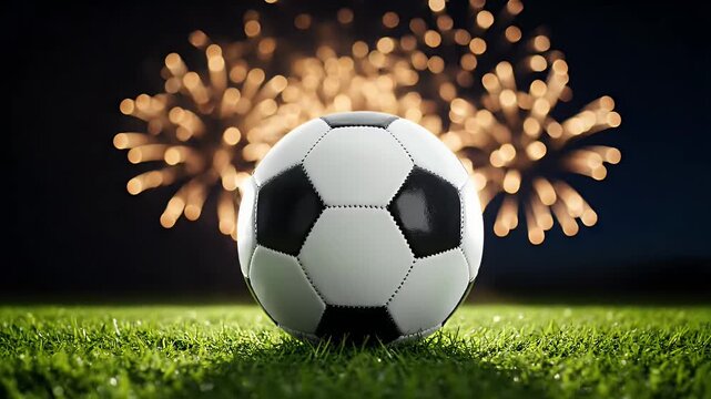 Soccer ball on grass with fireworks for the celebration of the World Cup 2026 events