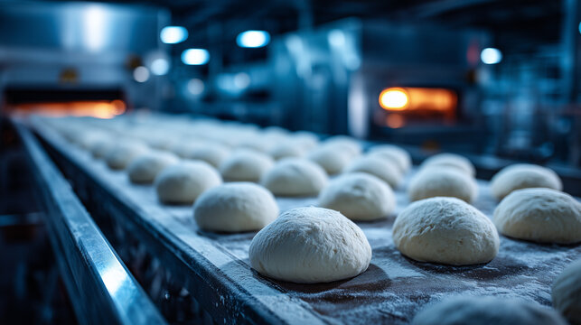Industrial bakery production line with fresh dough ball on conveyor belt in modern food manufacturing facility and automated baking process