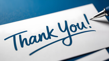 Obraz premium A handwritten thank you note with a pen on a white card