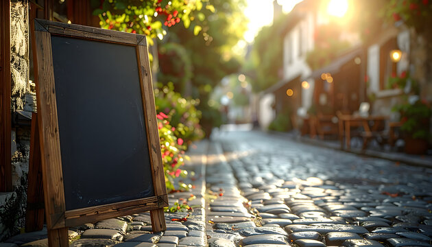 Chalkboard outside a french bistro on a cobblestone street featuring handwritten specials and wine drawings in soft afternoon sunlight generative AI