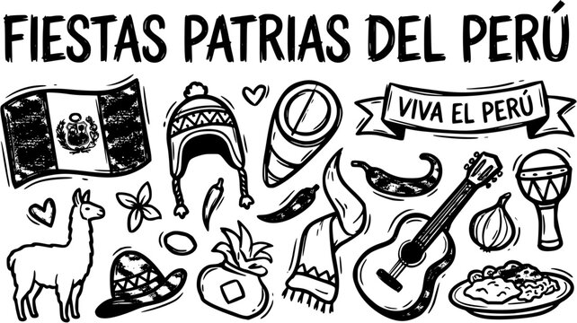 Peruvian Fiestas Patrias National Celebration Hand-drawn Black and White Line Art Doodle Illustration with Flag, Llama, Chullo, Guitar, and Culture Symbols