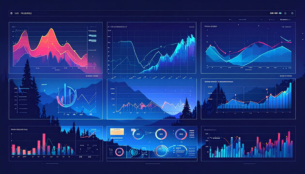 Futuristic digital dashboard with glowing charts and graphs