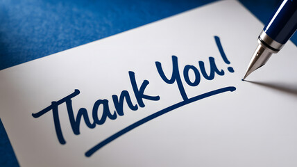 Obraz premium A handwritten thank you note with a pen on a white card