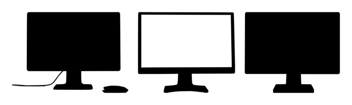 Desktop monitor set with black silhouette on white background featuring computer, monitor, electronics with minimalist and illustration