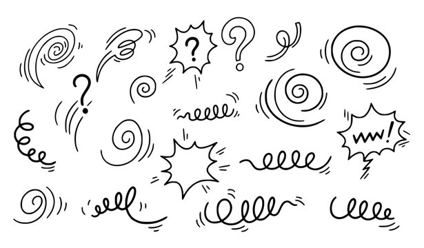 Hand Drawn Swirl Doodle Element Collection with Curved Lines Spirals Question Marks and Sketch Symbols Vector Set