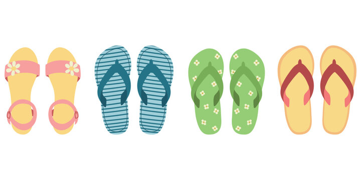 Cute cartoon summer flip flop set. Colorful summer footwear flat vector illustration isolated on white background.