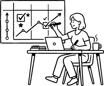Motivated woman tracking project progress on large wall chart