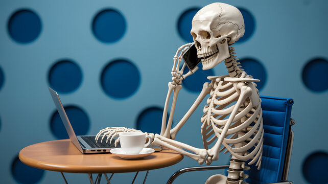 A skeleton sits at a desk working on a laptop and talking on the phone