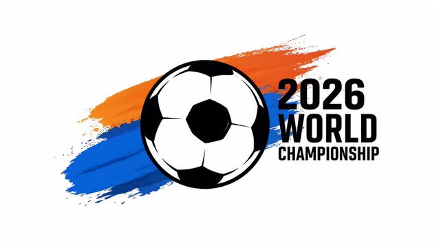 World Cup 2026 soccer ball with orange and blue brush strokes on white background...