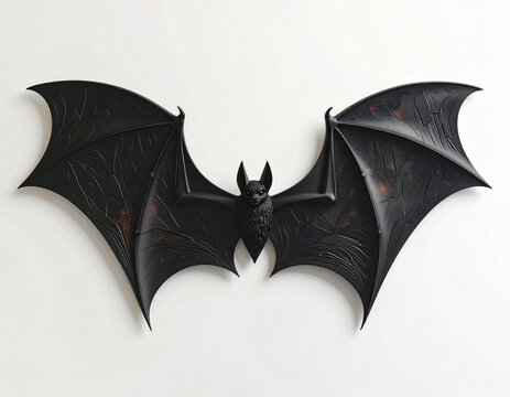 Detailed Black Bat Sculpture Mounted on White Wall