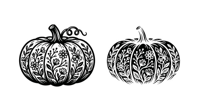 Intricately detailed black and white pumpkins with delicate floral patterns for autumn harvest decor