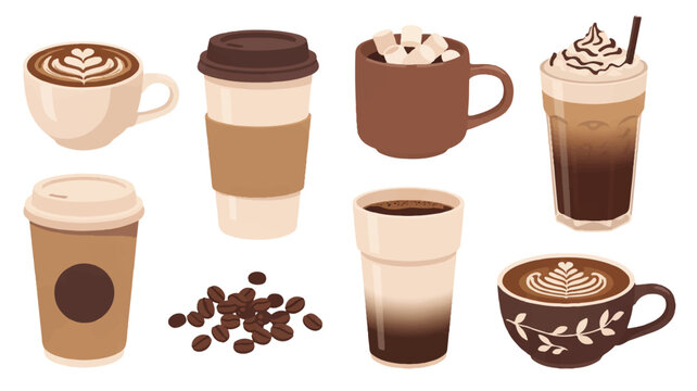 Eight coffee cups with different types of coffee and coffee beans on white background