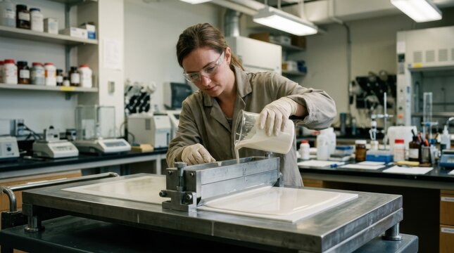 Medium shot showcasing sheet casting of ceramic dielectrics with an operator carefully placing a mold and pouring ceramic slurry onto a stationary carrier substrate.