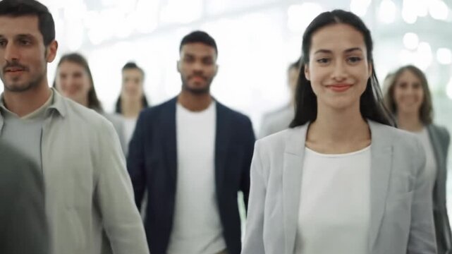 Diverse 3-5 business professionals in business-casual attire, smiling, linking arms, and moving forward in a unified tracking video on a blurred corporate background. Concept of professional teamwork