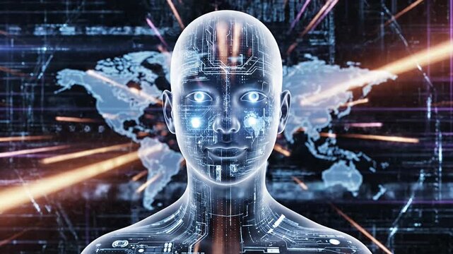 Digital human with world map overlay and tech lines in dark space