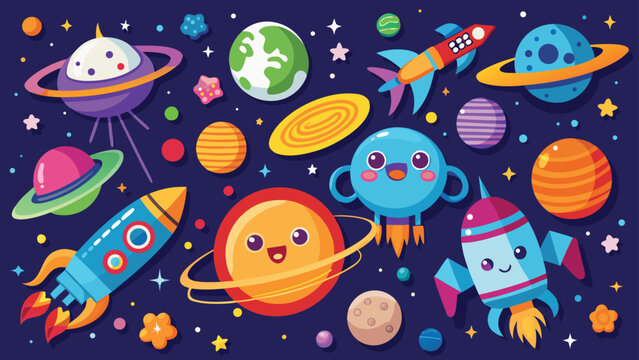 Whimsical space adventure with cute planets and rockets, colorful cartoon solar system illustration, happy cosmic elements for kids' designs and educational content.