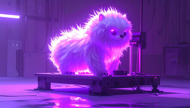 Fluffy glowing white creature with neon purple eyes