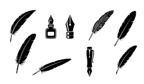 Vintage Feather Pen and Ink Illustration Collection with Quill Writing Tool Vector Elements