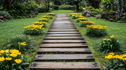 Fototapeta premium Serene Wooden Pathway Through a Lush Garden