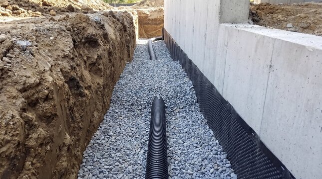 Foundation perimeter drain, Gravel drainage trench, Waterproof basement wall, Residential moisture control, Clean construction detail, Professional building site