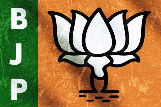 Flag of BJP indian ruling party. Bhartiya Janta party or BJP Flag. Rising of BJP rule in India. Economic downfall in india.