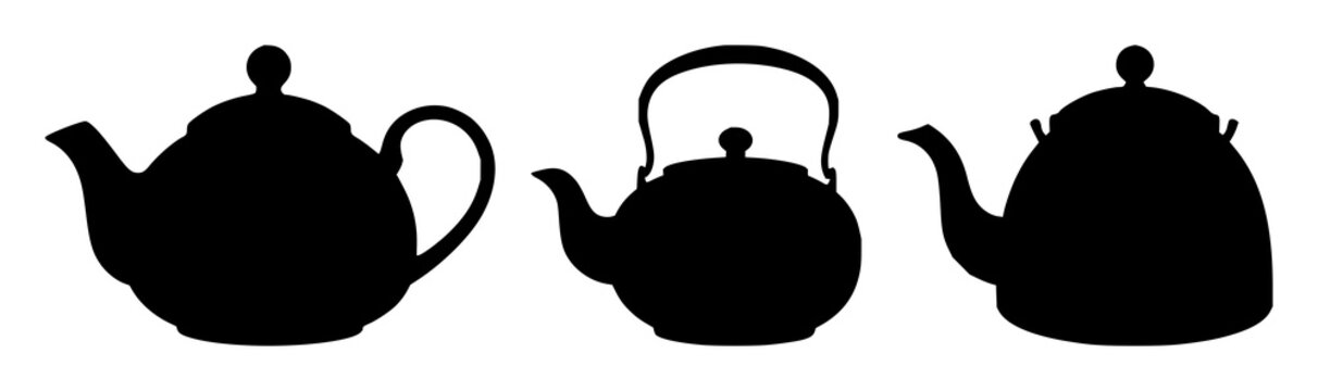 Teapot set with simple black silhouette featuring kitchen utensils, hot drinks, tea time with beverage and drinkware
