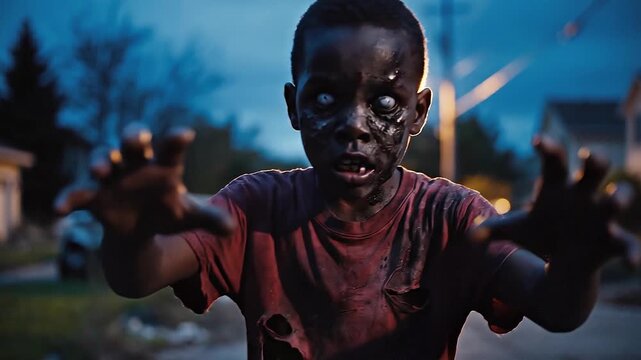 Scary zombie boy with creepy white eyes walking forward on a ruined suburban street with broken cars, spooky undead African American child in torn clothes during dusk, horror movie scene, apocalypse