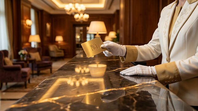 Hotel concierge hands over gold membership card with M monogram