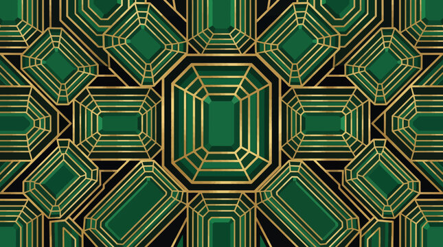 Geometric pattern featuring green and gold shapes on a black background