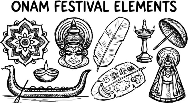 Onam Festival Elements Line Art: Kerala Culture Icons - Boat, Lamp, Food, Flower, King