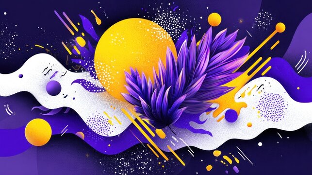 Dynamic abstract composition features vibrant yellow spheres and deep purple foliage against flowing wave forms
