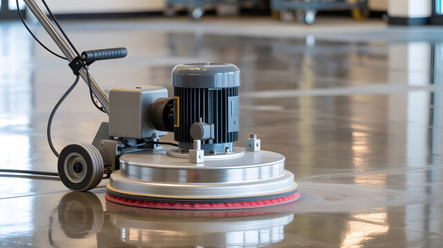 A floor buffer machine is used to polish and clean a shiny floor in a large room