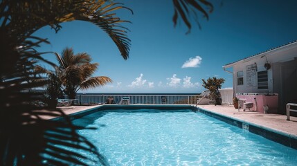 Obraz premium Bright tropical resort swimming pool overlooks vast blue ocean under clear sky